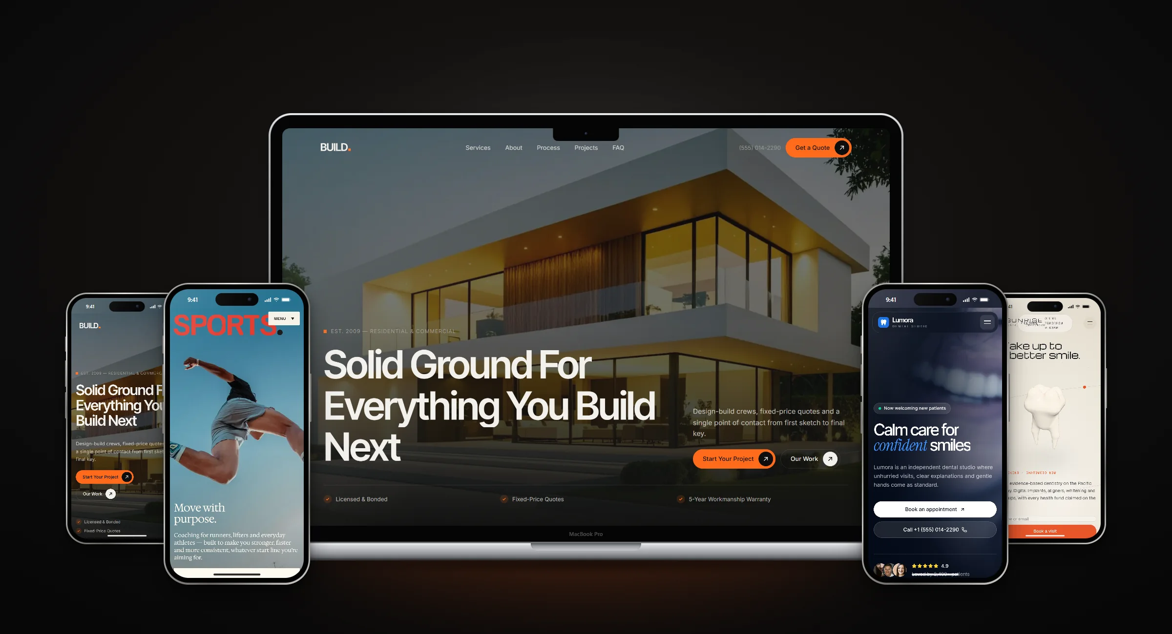 BUILD, SPORTS, Lumora and Sunrise Dental shown on a laptop and four phones